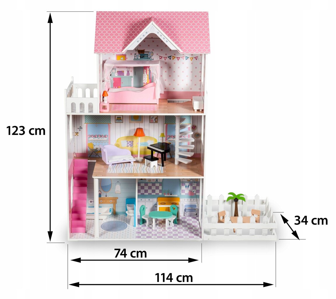 Leļļu māja Wooden DollHouse, 123 cm cena un informācija | Rotaļlietas meitenēm | 220.lv