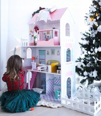 Деревянный кукольный домик XXL, с LED подсссветкой и мебелью, 2 куклы, 123 см цена и информация | Игрушки для девочек | 220.lv