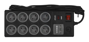 REAL-EL FRS-8F USB-зарядка Сетевой шнур с защитой от перенапряжения 2x USB 3 м Черный цена и информация | Удлинители | 220.lv