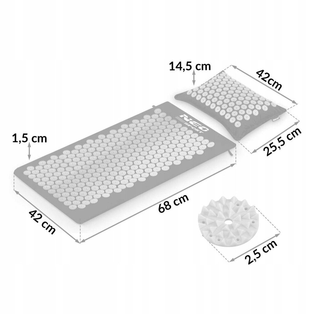 Akupresūras masāžas paklājiņš ar spilvenu Neo-sport, pelēks/melns cena un informācija | Masāžas piederumi | 220.lv