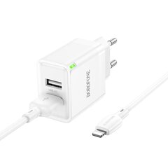 Сетевая зарядка Borofone BN15 2xUSB-A + USB-A to Lightning cable 1.0 м, белая цена и информация | Зарядные устройства для телефонов | 220.lv