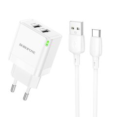 Сетевая зарядка Borofone BN15 2xUSB-A + USB-A to USB-C cable 1.0 м, белая цена и информация | Зарядные устройства для телефонов | 220.lv