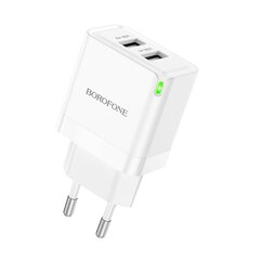 Сетевая зарядка Borofone BN15 2xUSB-A, белая цена и информация | Зарядные устройства для телефонов | 220.lv