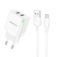 Borofone Wall charger BN15 Strong - 2xUSB - 2,1A with USB to Micro USB cable white цена и информация | Зарядные устройства для телефонов | 220.lv