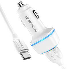 Borofone Car charger BZ14 Max - 2xUSB - 2,4A with USB to Type C cable white цена и информация | Зарядные устройства для телефонов | 220.lv