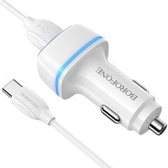 Borofone Car charger BZ14 Max - 2xUSB - 2,4A with USB to Type C cable white цена и информация | Зарядные устройства для телефонов | 220.lv