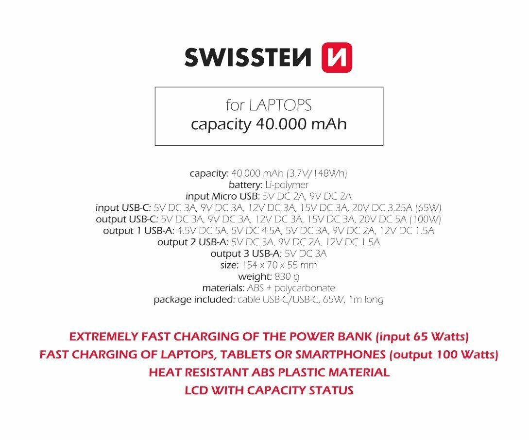 Swissten Power Line 40 000 mAh cena un informācija | Lādētāji-akumulatori (Power bank) | 220.lv