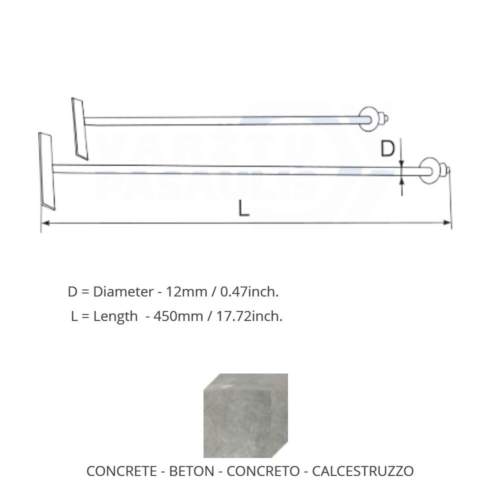 Mūra enkuri M12x450, 20 gab. cena un informācija | Stiprinājumi | 220.lv