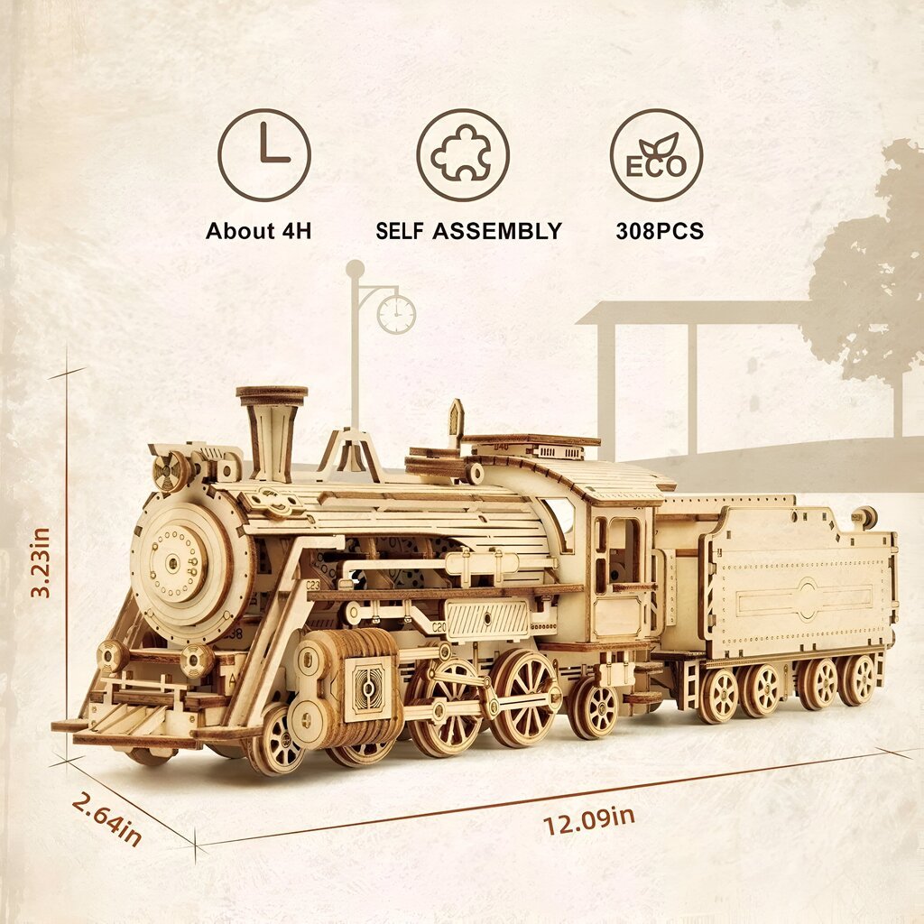 3D koka tvaika vilciena puzles komplekts Livman ZY-173, 1:80, 308 gab. cena un informācija | Attīstošās rotaļlietas | 220.lv