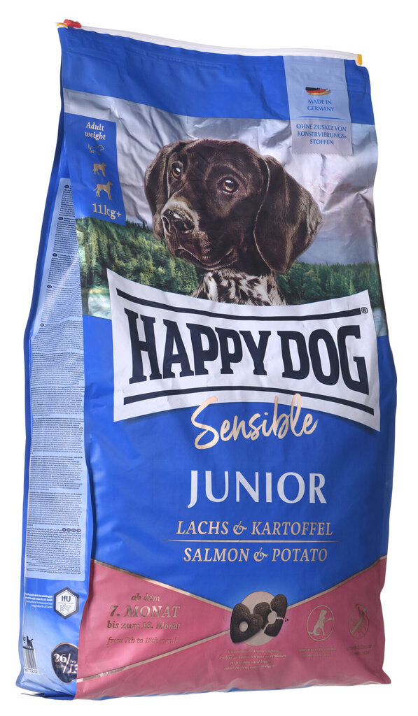 Happy Dog Sensible Junior Lachs jaunajiem suņiem, ar lasi un kartupeļiem, 10 kg cena un informācija | Sausā barība suņiem | 220.lv