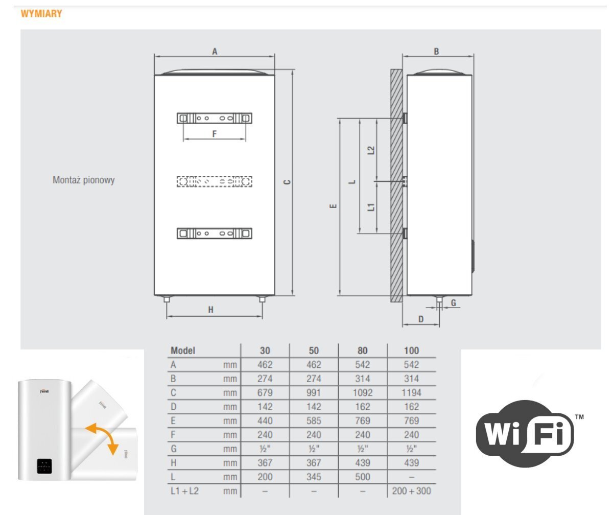 Elektriskais ūdens sildītājs Ferroli 100 l 1,8 kW, plakans, vertikāls / horizontāls Titano Twin 100 WI-FI, balts cena un informācija | Ūdens sildītāji | 220.lv