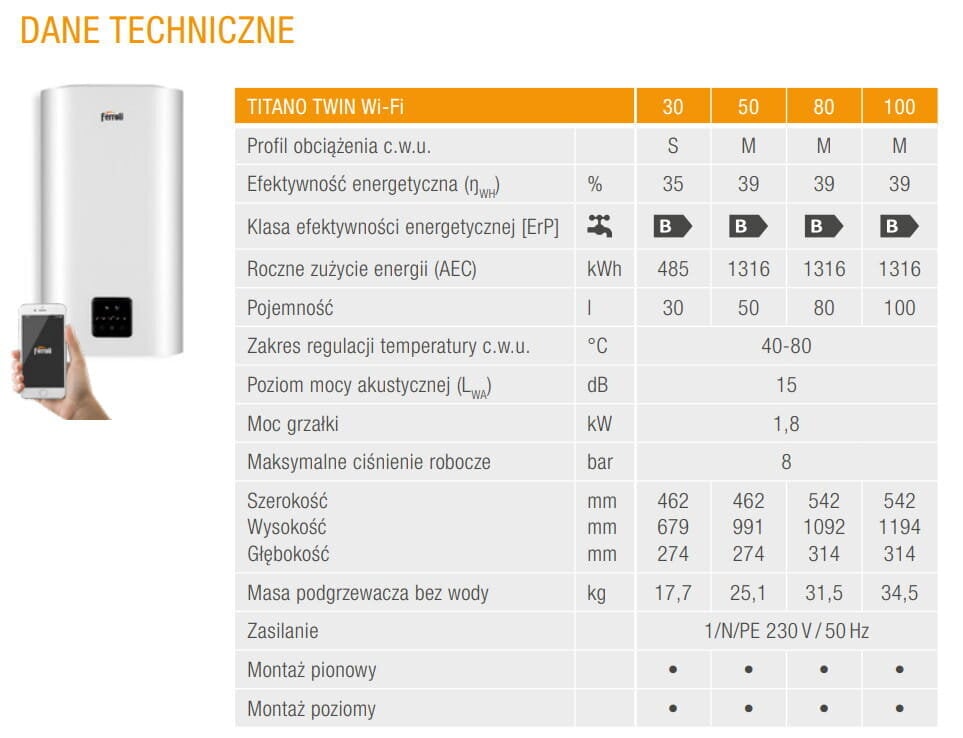 Elektriskais ūdens sildītājs Ferroli 100 l 1,8 kW, plakans, vertikāls / horizontāls Titano Twin 100 WI-FI, balts цена и информация | Ūdens sildītāji | 220.lv