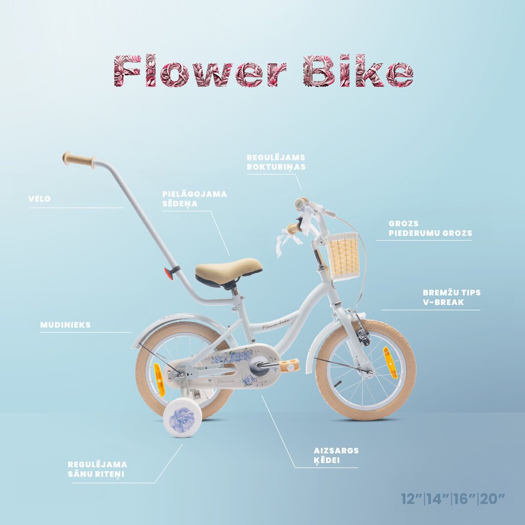 Velosipēds meitenēm Flower Bike 14", balts цена и информация | Velosipēdi | 220.lv