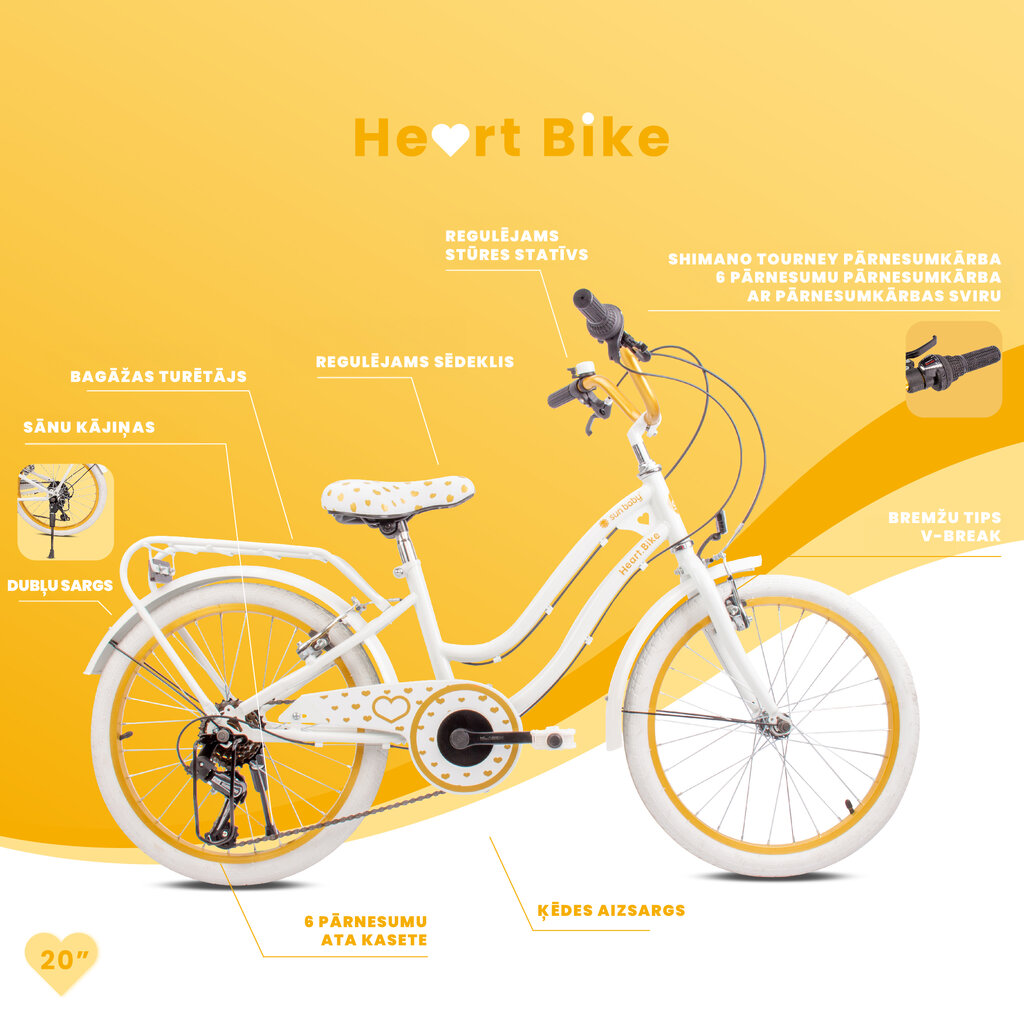 Velosipēds meitenēm Heart Bike 20", balts cena un informācija | Velosipēdi | 220.lv