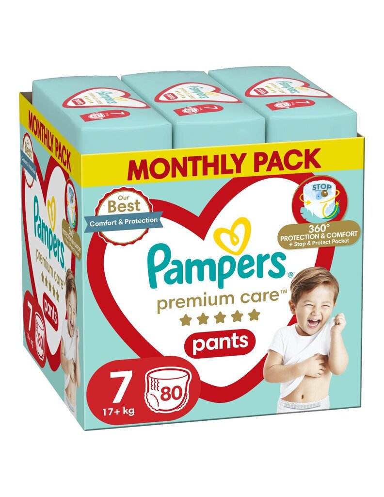 Autiņbiksītes Pampers Premium Care Pants, Izmērs 7, 17+kg, 80gab. cena un informācija | Autiņbiksītes | 220.lv