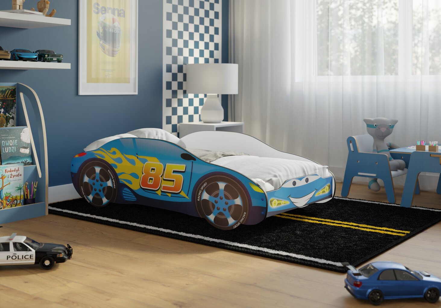 Bērnu gulta-mašīna ar matraci iGlobal, 140x70 cm, zils cena un informācija | Bērnu gultas | 220.lv