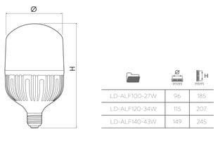 LED spuldze F120 34W, 3700lm, E27, AC 230V 50/60 4000K, LD-ALF120-34W, GTV цена и информация | Лампочки | 220.lv