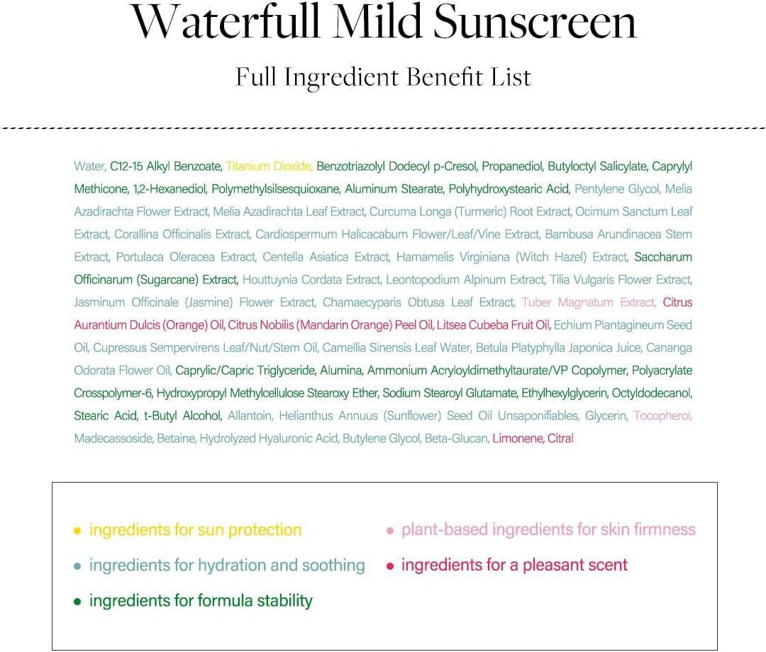 Hipoalerģisks sauļošanās līdzeklis Waterfull Mild Suncream SPF 50+ PA++++, 50ml cena un informācija | Sejas krēmi | 220.lv