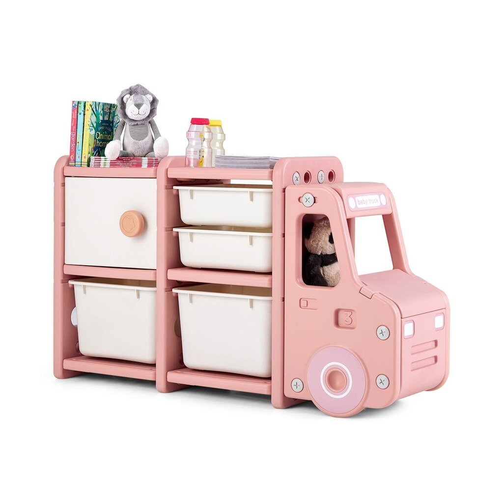 Kravas mašīnas formas bērnu plaukts ar uzglabāšanas kastēm Costway, 110 x 32 x 66 cm, rozā cena un informācija | Bērnu skapīši | 220.lv