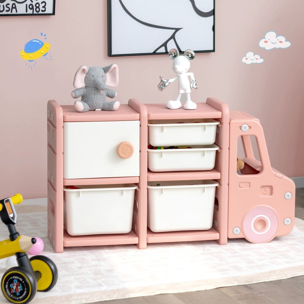 Kravas mašīnas formas bērnu plaukts ar uzglabāšanas kastēm Costway, 110 x 32 x 66 cm, rozā цена и информация | Bērnu skapīši | 220.lv