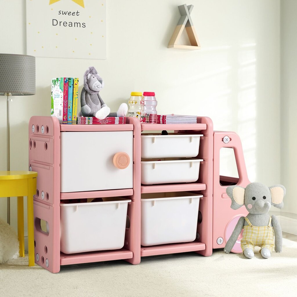 Kravas mašīnas formas bērnu plaukts ar uzglabāšanas kastēm Costway, 110 x 32 x 66 cm, rozā cena un informācija | Bērnu skapīši | 220.lv