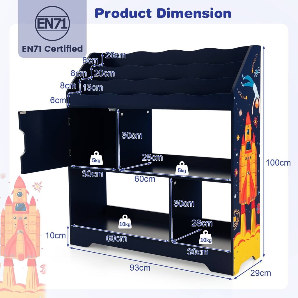 Rotaļlietu glabāšanas statīvs ar grāmatu plauktu Costway, 93 x 30 x 100 cm, zils цена и информация | Bērnu skapīši | 220.lv