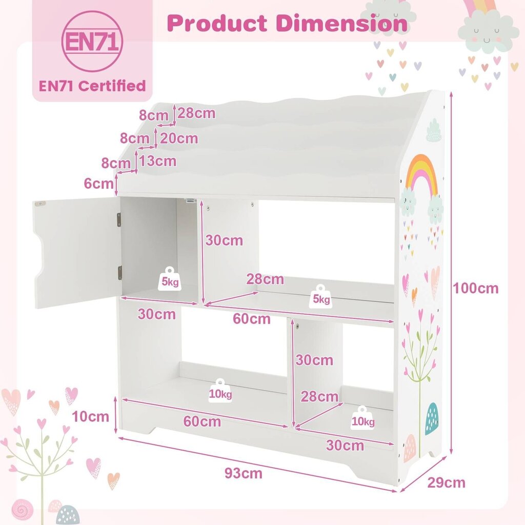 Rotaļlietu glabāšanas statīvs ar grāmatu plauktu Costway, 93 x 30 x 100 cm, balts cena un informācija | Bērnu skapīši | 220.lv