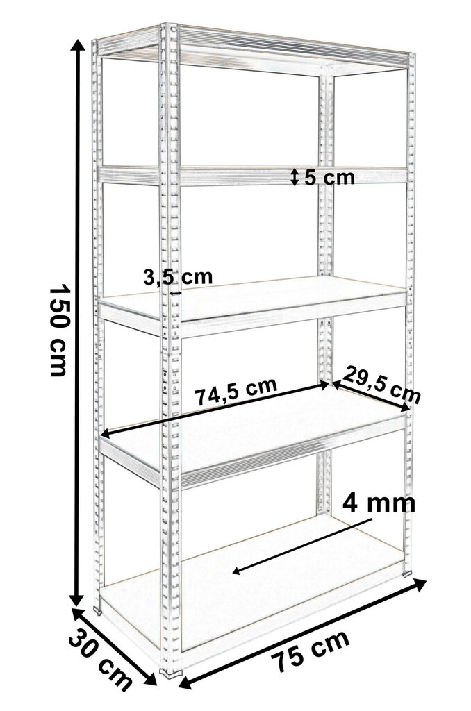 Noliktavas plaukts, 5 stāvi, melns 150x75x30, 625 kg cena un informācija | Plaukti | 220.lv