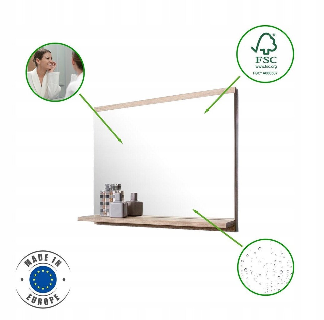 Spogulis ar plauktu, LED sienas lampa vannas istabai, ozols цена и информация | Vannas istabas spoguļi | 220.lv