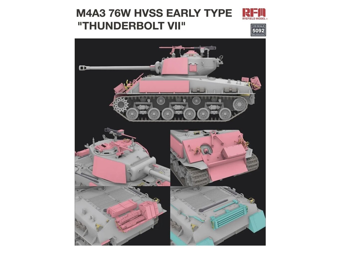 Līmējamais modelis Rye Field Model - ShermanM4A3 76W HVSS Early Type Thunderbolt VII, 1/35, RFM-5092 cena un informācija | Līmējamie modeļi | 220.lv