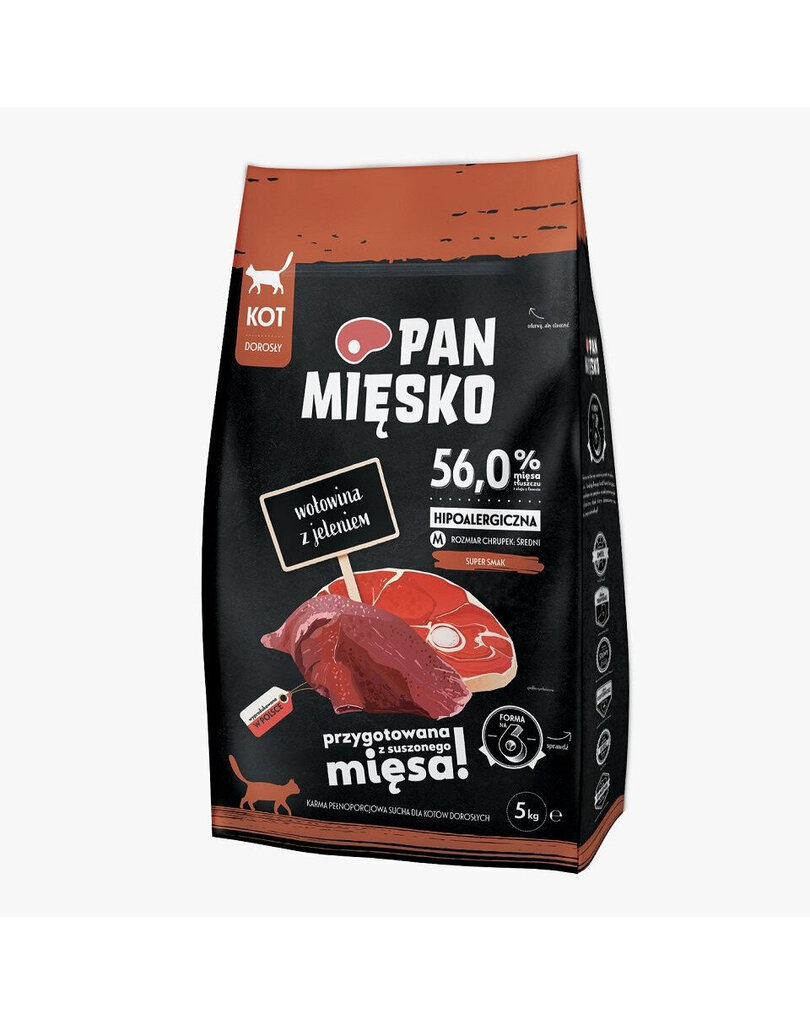 Pan Mięsko sausā barība kaķiem, ar liellopu gaļu un brieža gaļu, 5 kg cena un informācija | Sausā barība kaķiem | 220.lv
