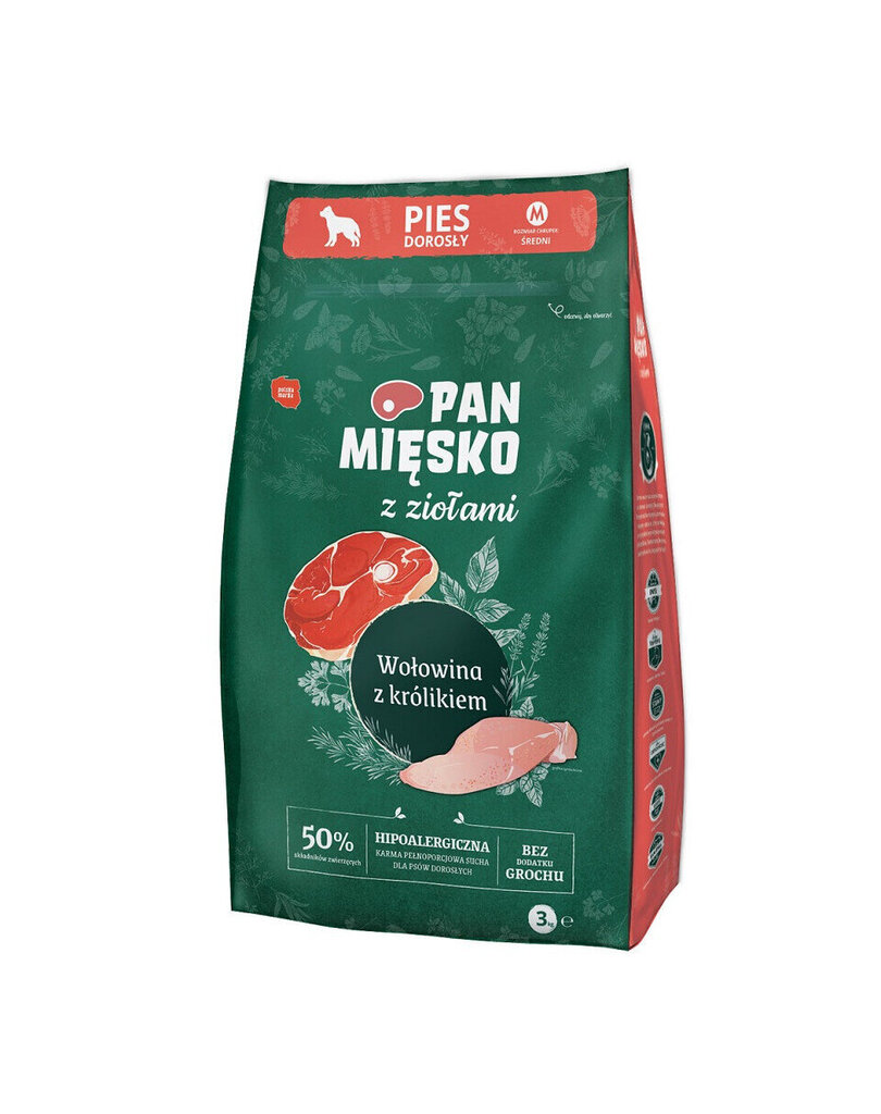 Pan Mięsko vidējo šķirņu suņiem ar liellopu gaļu, trušu gaļu un garšaugiem, 3 kg цена и информация | Sausā barība suņiem | 220.lv