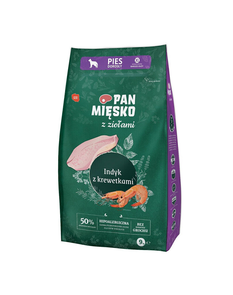 Pan Mięsko lielu šķirņu suņiem, ar tītaru, garnelēm un garšaugiem, 9 kg цена и информация | Sausā barība suņiem | 220.lv