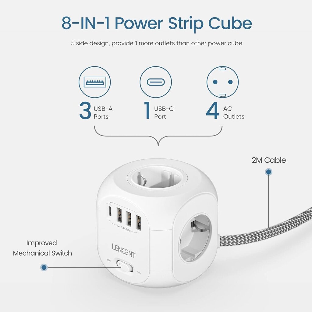 Pagarinātājs Lencent Power Cube 8in1 2m cena un informācija | Pagarinātāji | 220.lv