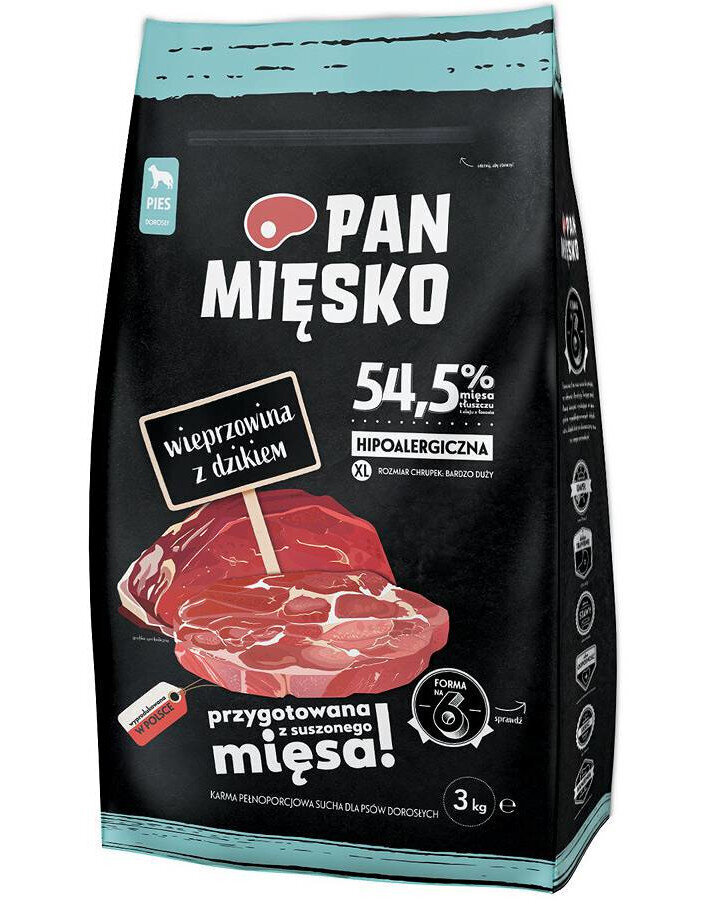Pan Mięsko ļoti lielu šķirņu suņiem, ar cūkgaļu un mežacūkas gaļu, 3 kg cena un informācija | Sausā barība suņiem | 220.lv