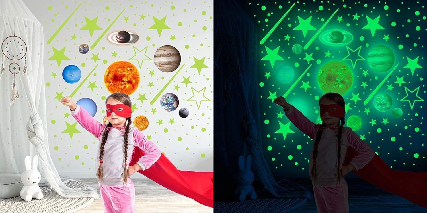 Fluorescējošas sienas uzlīmes, 460 gabali Zvaigznes un planētas Spilgtas saules sistēmas sienas uzlīmes bērnu guļamistabai цена и информация | Dekoratīvās uzlīmes | 220.lv