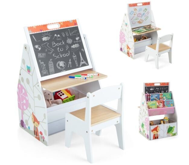 Divpusējs bērnu galdu un krēslu komplekts ar magnētisko dēli Costway, balts cena un informācija | Bērnu krēsliņi un bērnu galdiņi | 220.lv