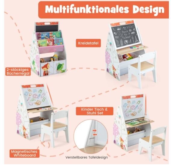Divpusējs bērnu galdu un krēslu komplekts ar magnētisko dēli Costway, balts цена и информация | Bērnu krēsliņi un bērnu galdiņi | 220.lv