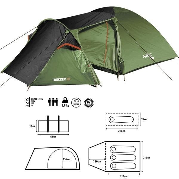 Telts Nils Camp Trekker III NC6312, zaļa cena un informācija | Teltis | 220.lv