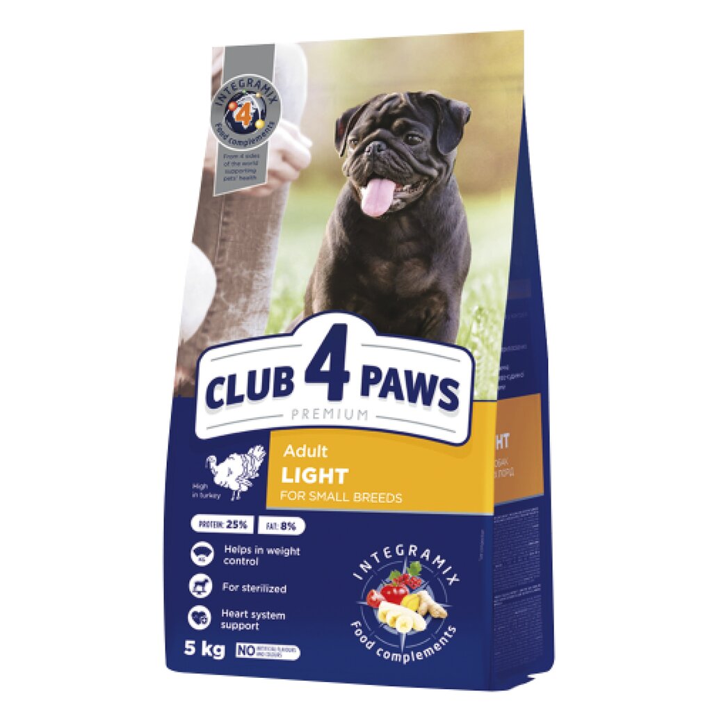 Club 4 Paws Premium pilnvērtīga barība pieaugušiem mazo šķirņu, sterilizētiem vai kastrētiem suņiem un suņiem ar noslieci uz aptaukošanos ar augstu tītara gaļas saturu Light, 5 kg cena un informācija | Sausā barība suņiem | 220.lv