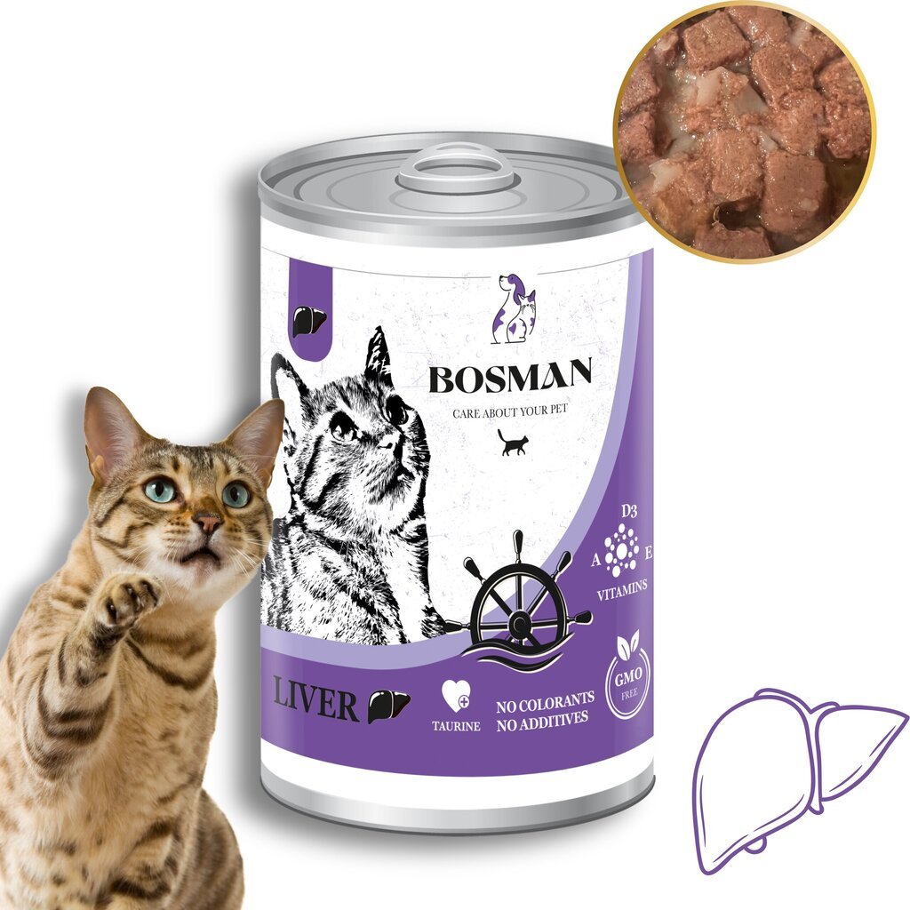 Bosman pilnvērtīga mitrā barība pieaugušiem kaķiem ar aknām 24 x 415 g cena un informācija | Konservi kaķiem | 220.lv