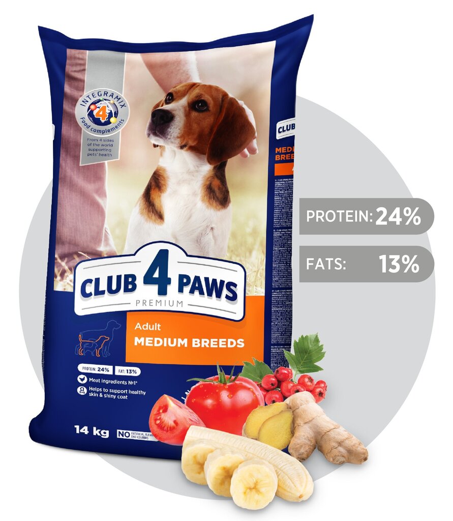 Club 4 Paws Premium pilnvērtīga sausā barība pieaugušiem vidēju šķirņu suņiem , 14kg cena un informācija | Sausā barība suņiem | 220.lv