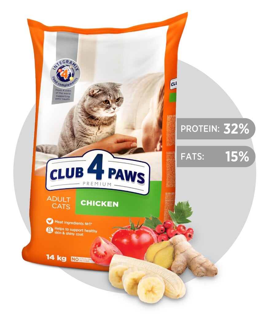 Club 4 paws pilnvērtīga sausā barība pieaugušiem kaķiem ar vistas gaļu, 14kg cena un informācija | Sausā barība kaķiem | 220.lv