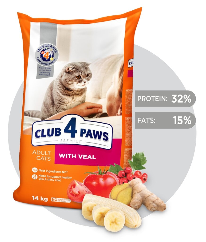 Club 4 paws pilnvērtīga sausā barība pieaugušiem kaķiem ar teļa gaļu, 14 kg cena un informācija | Sausā barība kaķiem | 220.lv