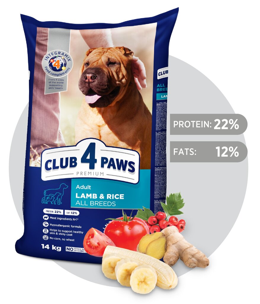 Club 4 paws Premium pilnvērtīga sausā barība pieaugušajiem, visām šķirnēm, ar jēra gaļu un rīsiem, 14kg cena un informācija | Sausā barība suņiem | 220.lv