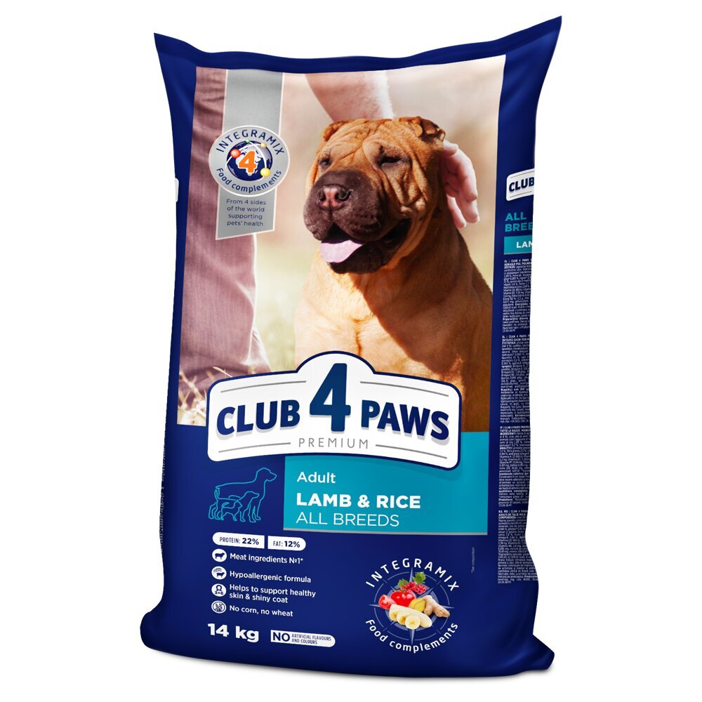 Club 4 paws Premium pilnvērtīga sausā barība pieaugušajiem, visām šķirnēm, ar jēra gaļu un rīsiem, 14kg cena un informācija | Sausā barība suņiem | 220.lv