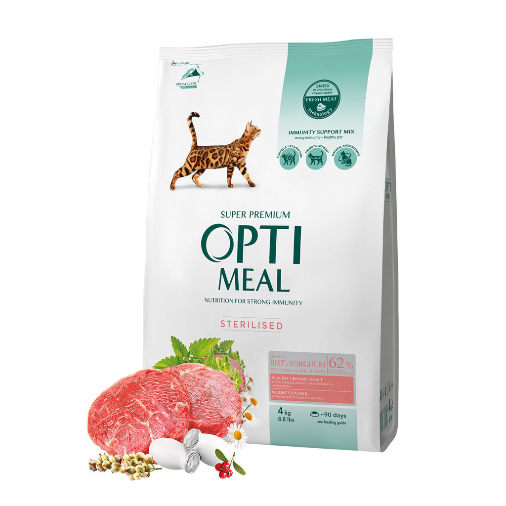 Optimeal™. Pilnvērtīga sausā barība sterilizētiem un kastrētiem kaķiem ar augstu liellopu gaļas saturu un sorgo garšaugiem, 4 kg. цена и информация | Sausā barība kaķiem | 220.lv