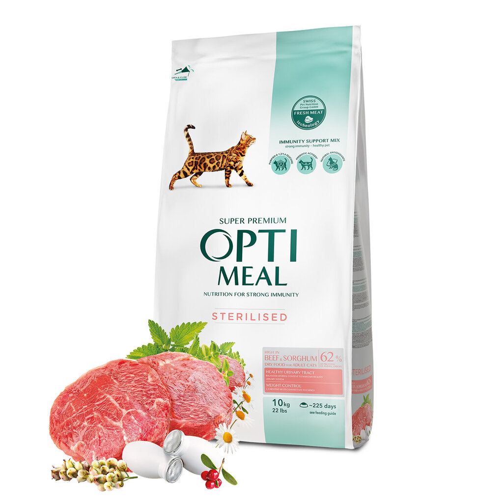 Optimeal™. Pilnvērtīga sausā barība sterilizētiem un kastrētiem kaķiem ar augstu liellopu gaļas un sorgo saturu, 10 kg. cena un informācija | Sausā barība kaķiem | 220.lv