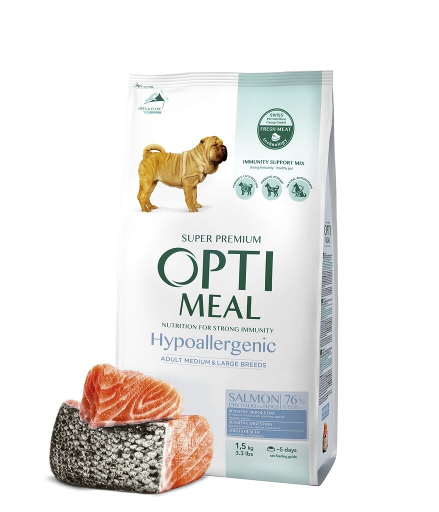 Optimeal™. Hipoalerģiska pilnvērtīga sausā barība pieaugušiem, vidēju un lielu šķirņu dzīvniekiem ar lašiem, 1,5 kg. цена и информация | Sausā barība suņiem | 220.lv