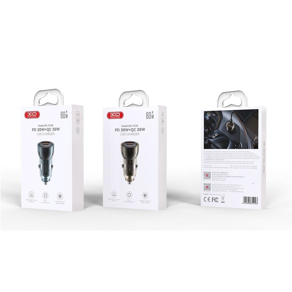 XO car charger CC60 60W 1x USB 1x USB-C blue цена и информация | Lādētāji un adapteri | 220.lv